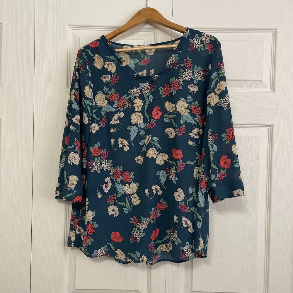 Floral Blouse - Bluish Teal w/ Pink Flowers
